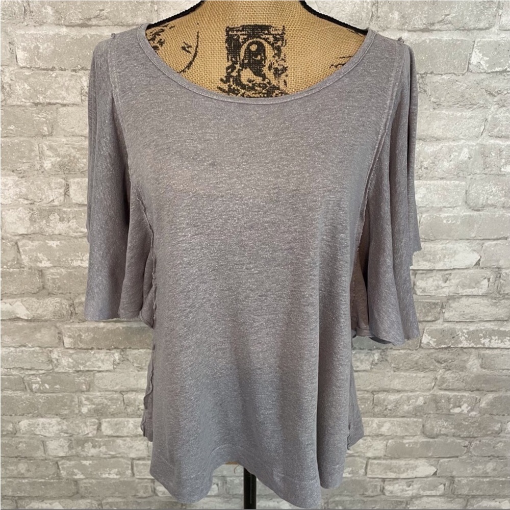 Anthropologie T.la Organic Cotton Grey Flutter Sleeve Top - Picture 1 of 5